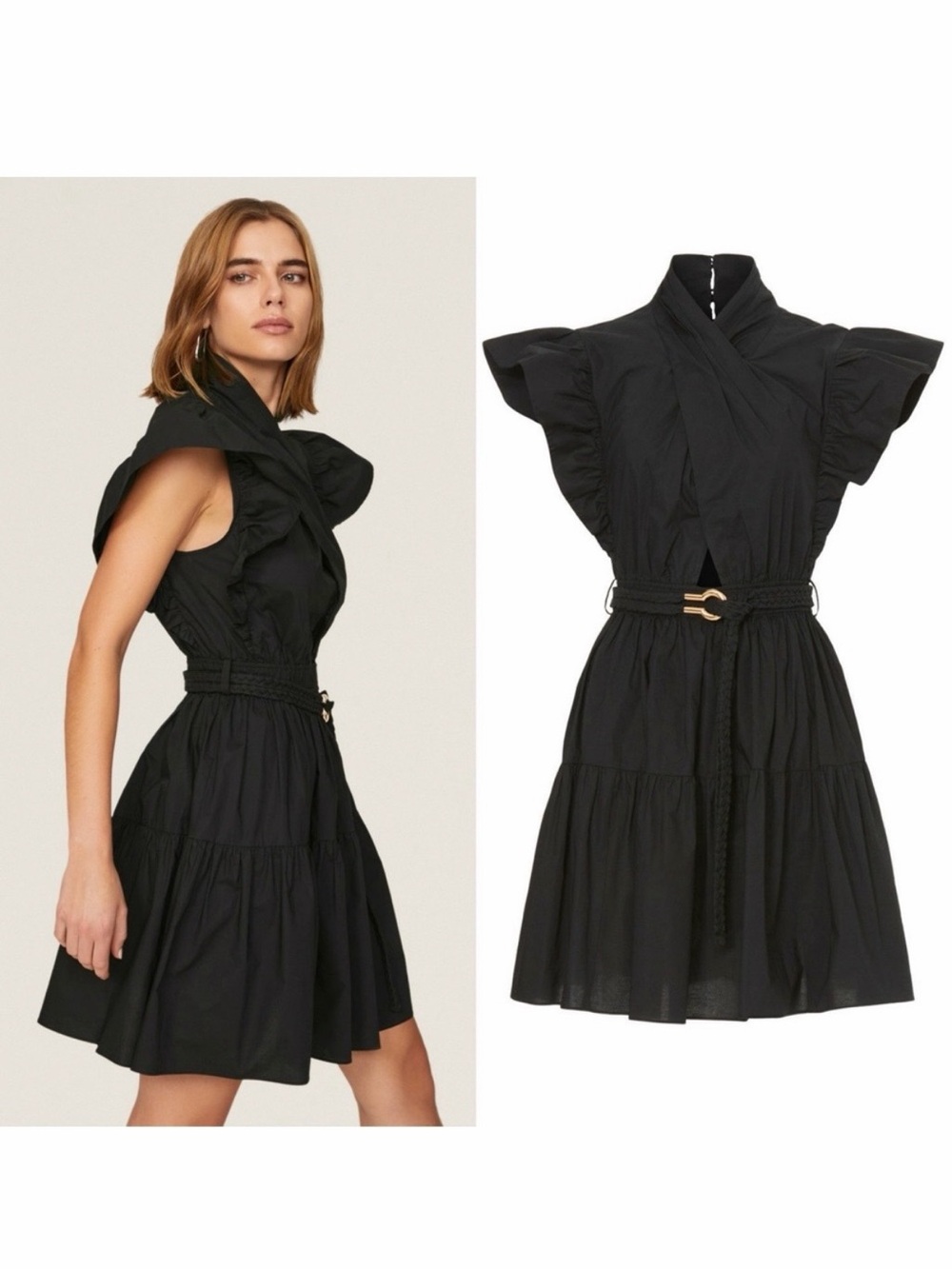 Women's Black Short Sleeve Tiered Belted Dress. Derek Lam size 6